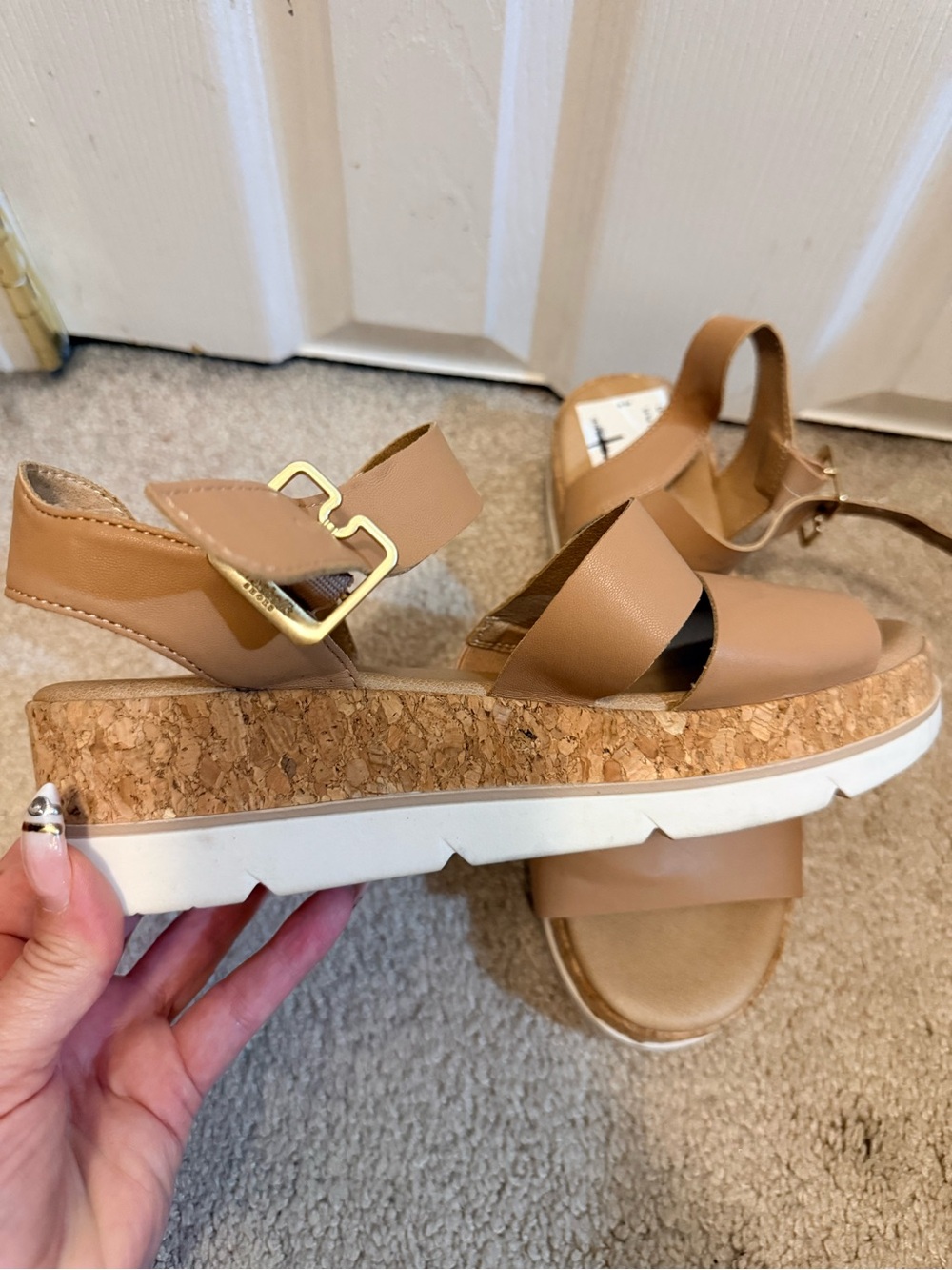 Dr. Scholl's Tan Cork Platform Sandals with Gold Buckle